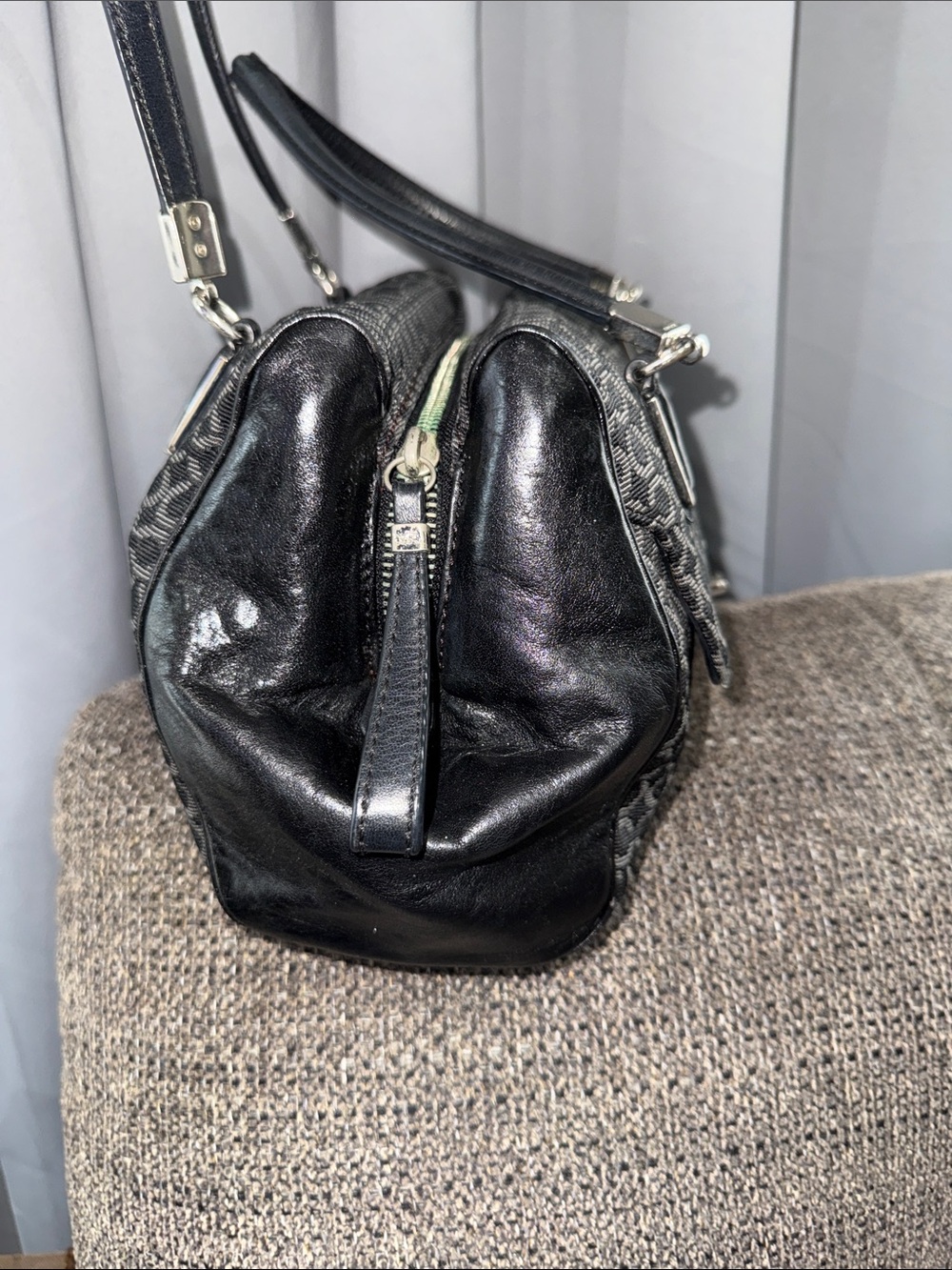 COACH Madison Needlepoint Op Art Grey/ Black Canvas Shoulder Bag #25215 - Picture 6 of 10